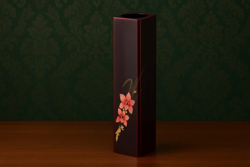 Tall square black lacquer vase with red floral design on wooden table and green patterned background