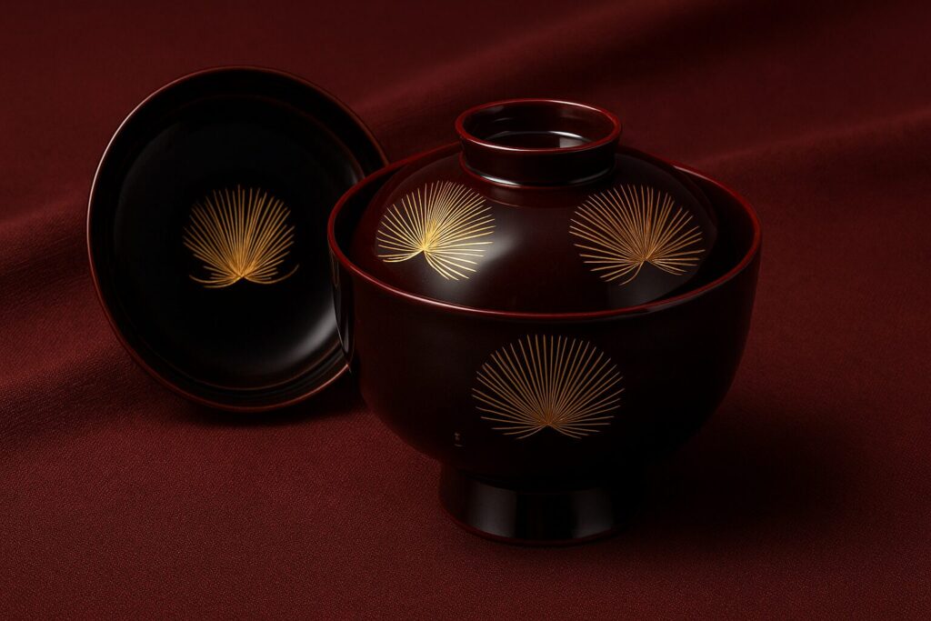 Dark brown lacquered Japanese soup bowl with gold fan motifs, shown with matching lid on a deep red fabric background