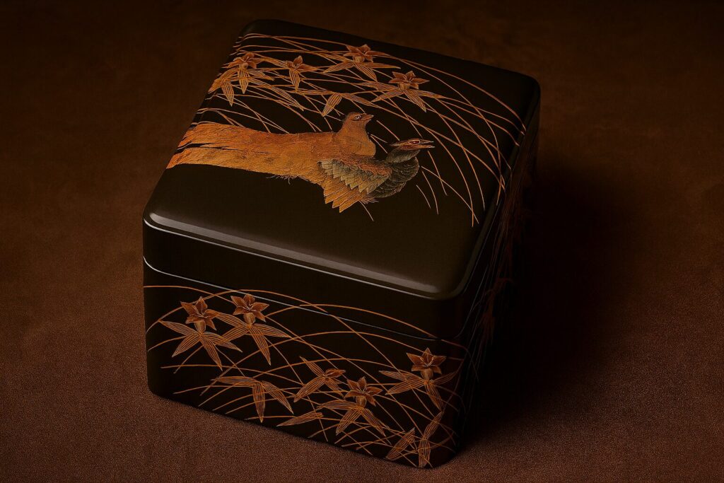Black square lacquer box with golden bird and autumn grass design