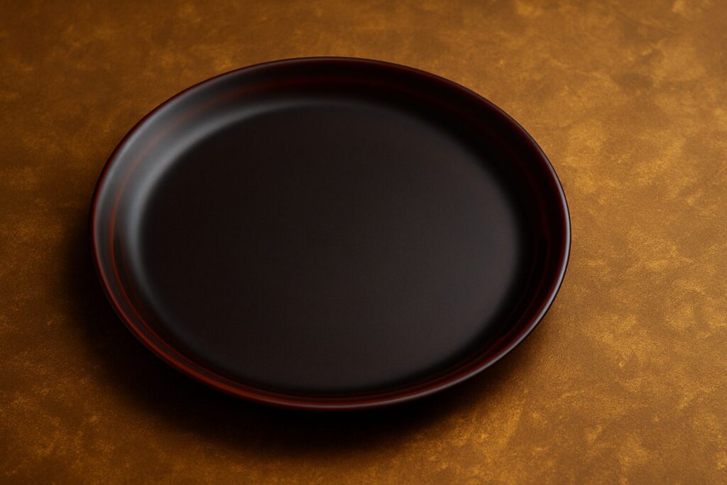 Round dark brown lacquer plate with subtle red rim, displayed on a golden textured background