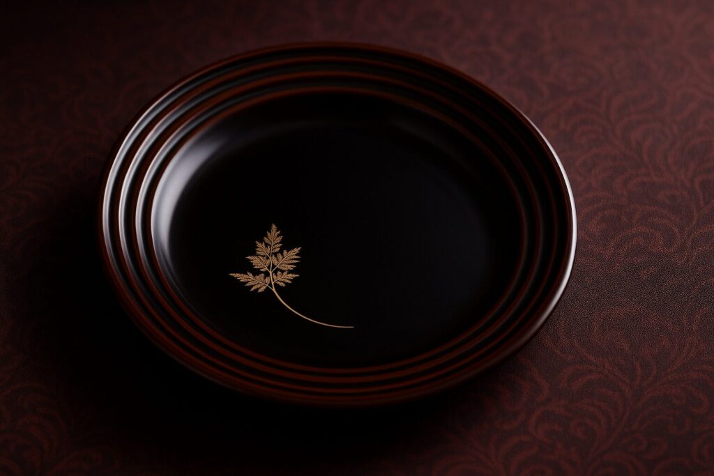 Black lacquer plate with delicate gold leaf motif, set on an elegant dark red patterned background