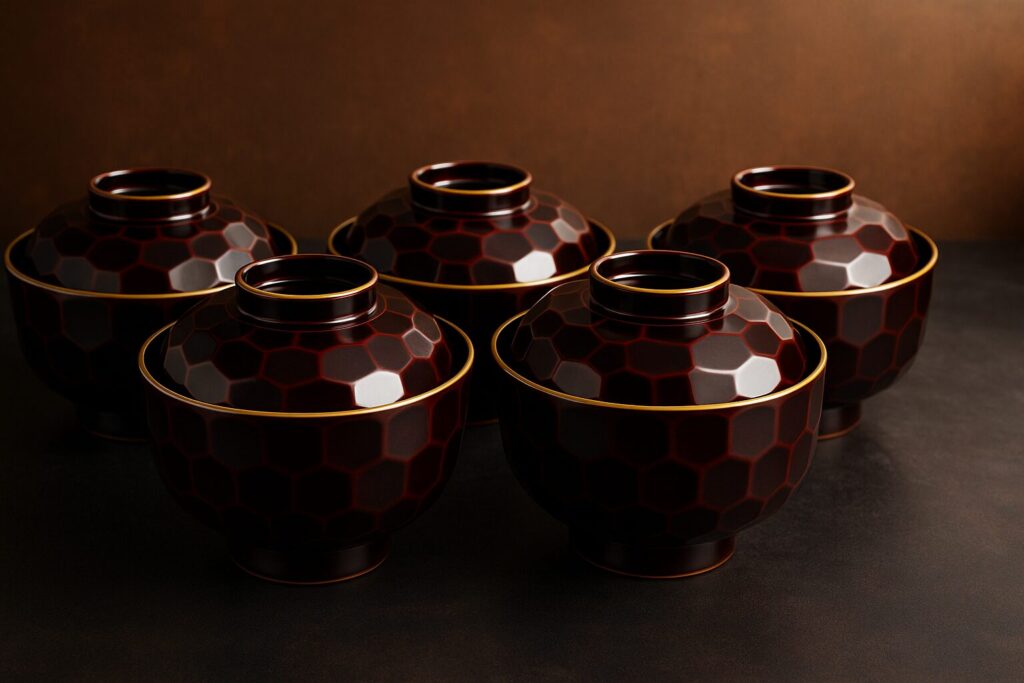 Set of five dark brown lacquerware bowls with hexagonal tortoise shell pattern and gold rim, displayed on a dark gradient surface