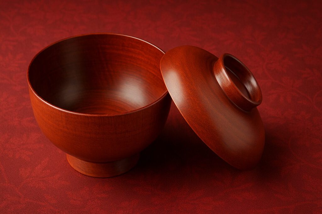 Open natural wood grain Japanese lacquer soup bowl with matching lid, displayed on an elegant red patterned fabric background