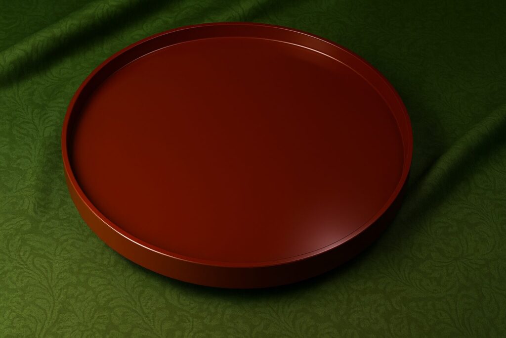 Elegant round vermilion lacquer tray on textured green fabric background