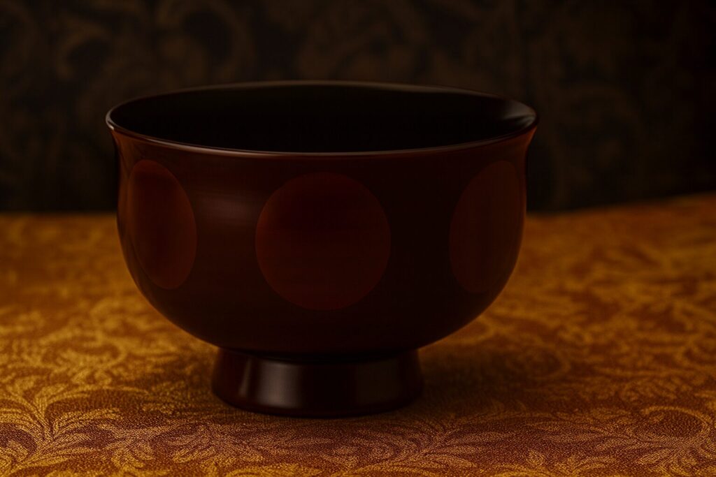 Dark brown lacquer Japanese bowl with subtle circular pattern, placed on an ornate gold-patterned fabric background