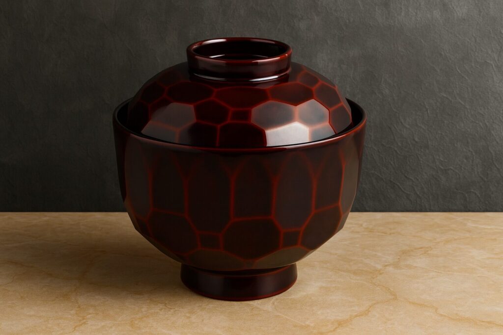 Elegant dark brown lacquerware bowl with hexagonal tortoise shell pattern and matching lid, placed on a beige stone surface