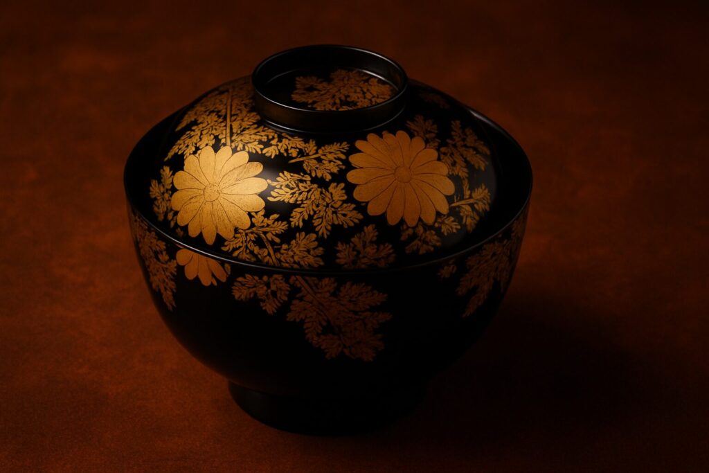 Black lacquer Japanese soup bowl adorned with intricate gold chrysanthemum and foliage patterns, set against a rich brown background