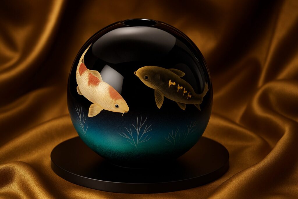 Black lacquer vase with gold and white koi fish design on a blue gradient background