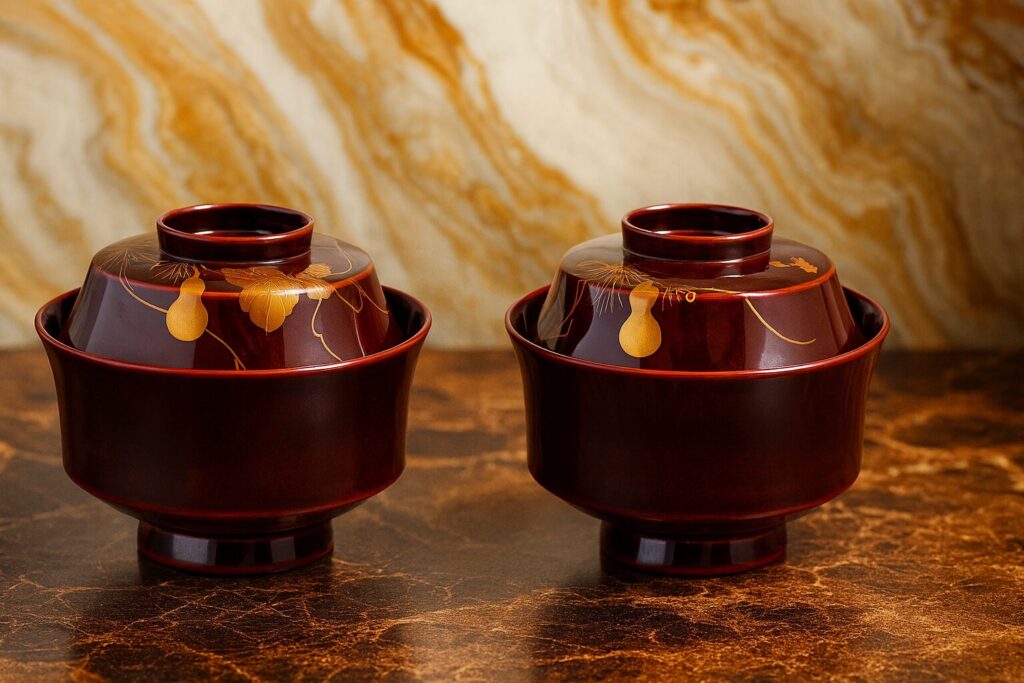 Pair of deep brown lacquerware bowls with golden gourd and vine motifs, set on a dark marble surface against a marbled backdrop