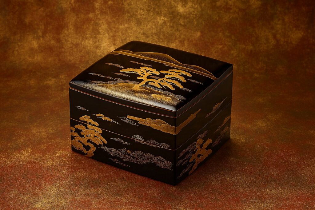 Black Japanese lacquered box with gold pine tree and cloud landscape design