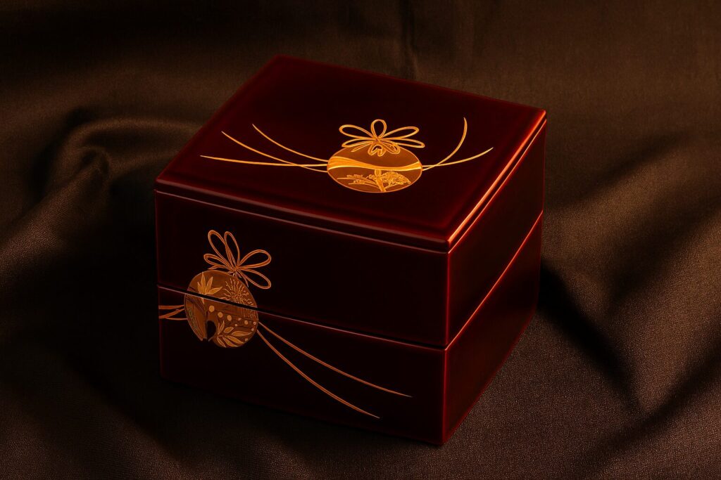Red lacquer square box with golden decorative ball and ribbon motif