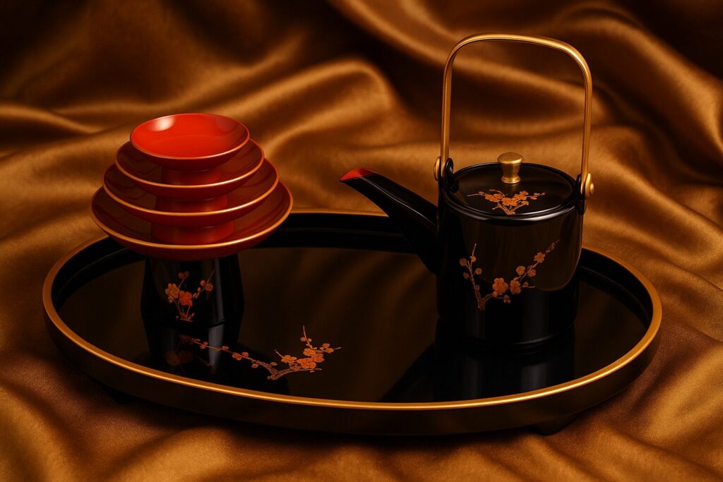 Elegant Japanese sake set with red lacquer cups and black teapot featuring gold plum blossom design on a black oval tray with gold rim