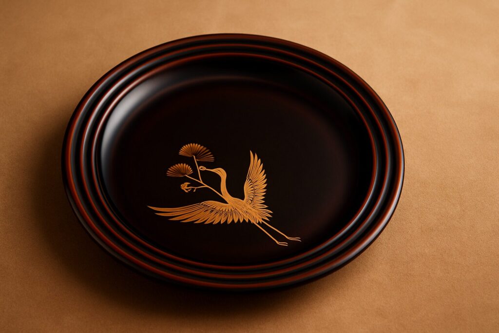 Black lacquer plate with gold crane holding pine branch design, displayed on a light brown textured background