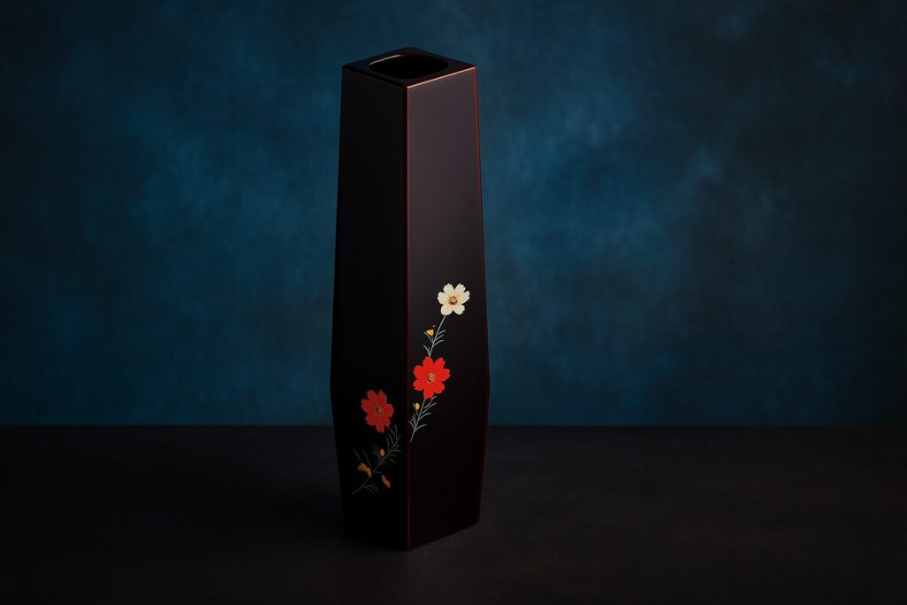Elegant tall black lacquer vase with red and white floral design on dark background
