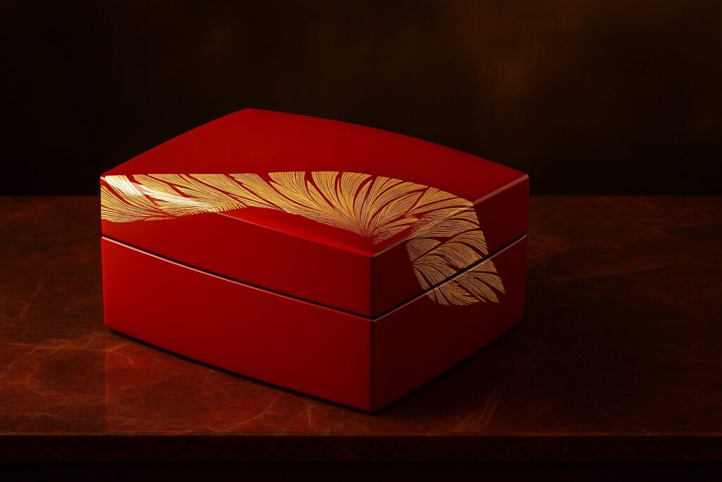 Luxurious red Japanese lacquered box with intricate gold feather design, handcrafted using traditional urushi craftsmanship for elegant home decor or gift