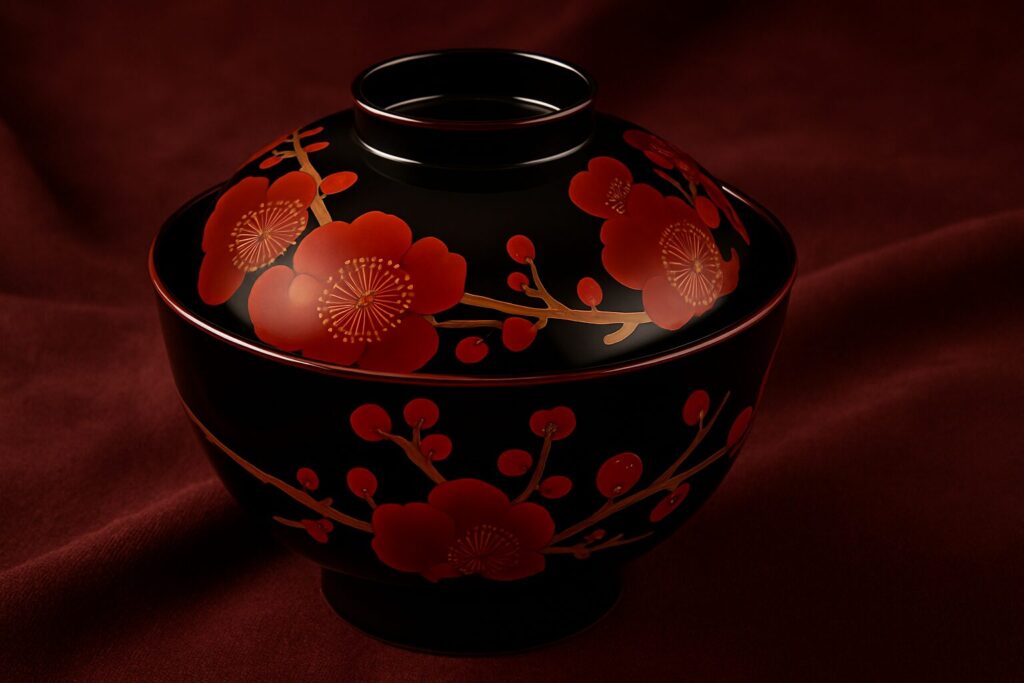 Black lacquer Japanese soup bowl decorated with vibrant red plum blossom motifs, placed on deep burgundy fabric