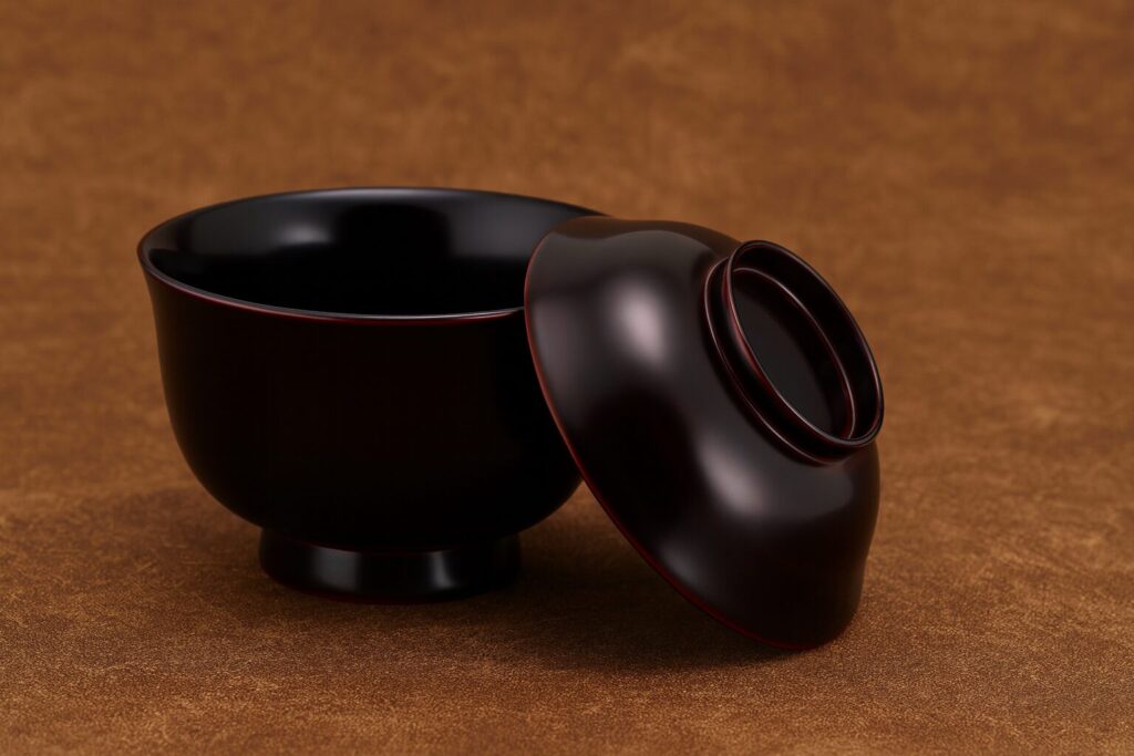 Minimalist black lacquer soup bowl with matching lid placed on a textured brown surface, showcasing traditional Japanese craftsmanship
