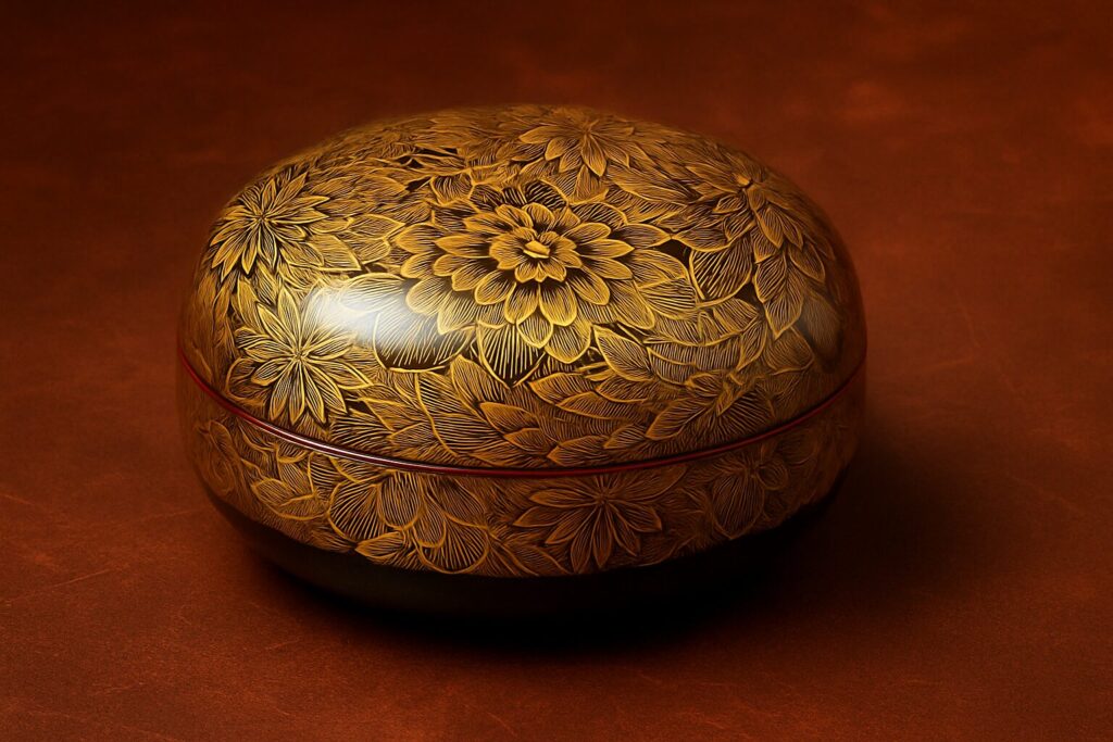 Round lacquer box with intricate gold chrysanthemum and floral carvings on a warm brown background