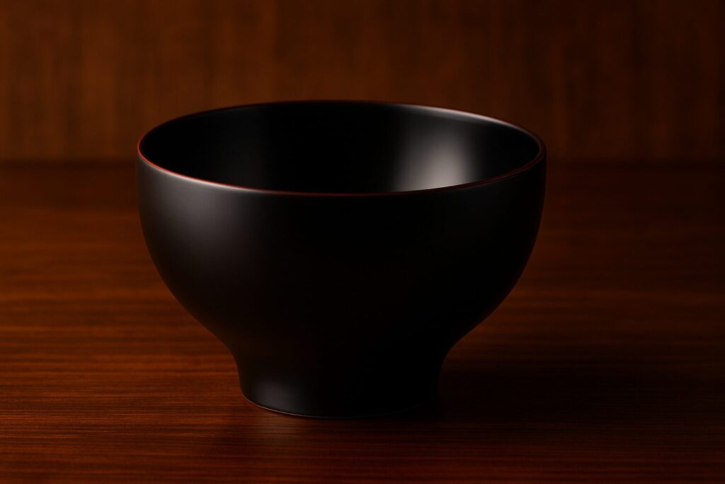 Minimalist black lacquer Japanese bowl with subtle red rim, placed on a polished wooden surface against a matching background