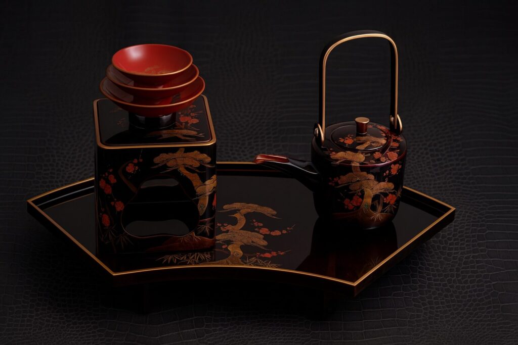 Elegant Japanese black lacquer sake set with gold and red pine tree design, featuring stacked red sake cups, square tokkuri, and lidded sake pot on a decorative serving tray