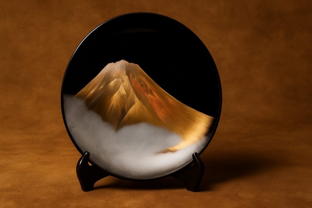 Black lacquer plate with gold Mount Fuji and white mist design on a warm brown background
