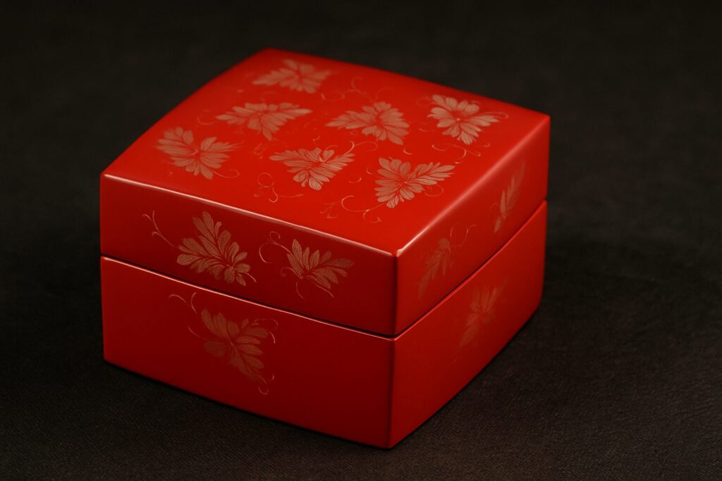 Square red lacquered Japanese box with delicate chrysanthemum engravings