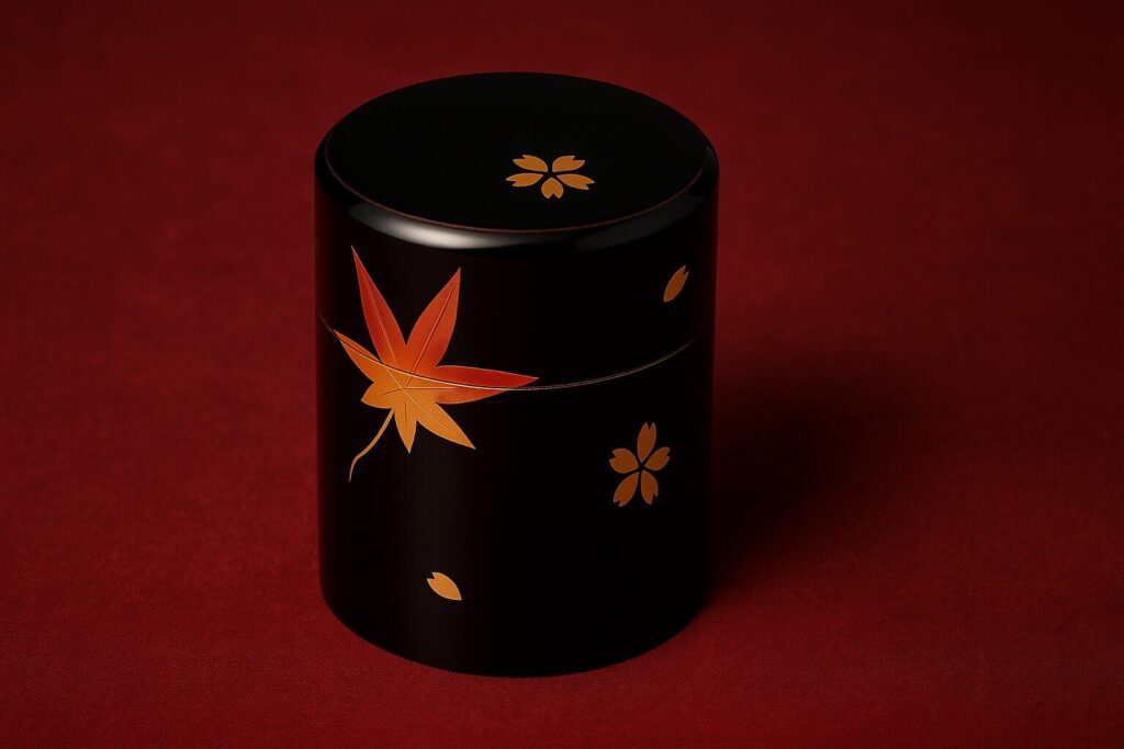 Black lacquer tea caddy with orange maple leaf and gold cherry blossom motifs on a deep red background