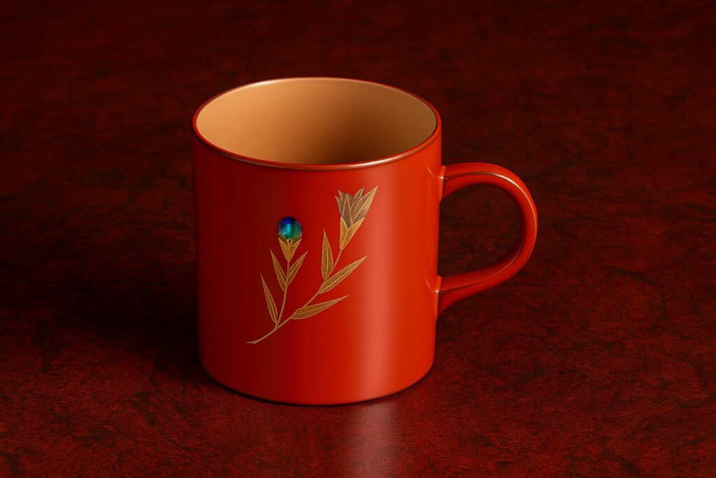 Vermilion lacquer mug with gold floral motif and iridescent blue accent on a dark red textured surface