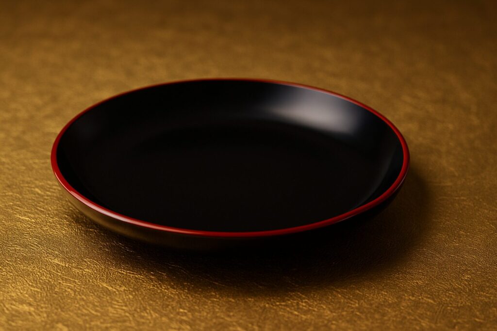 Shallow black lacquer plate with striking red rim, set on a luxurious gold textured background
