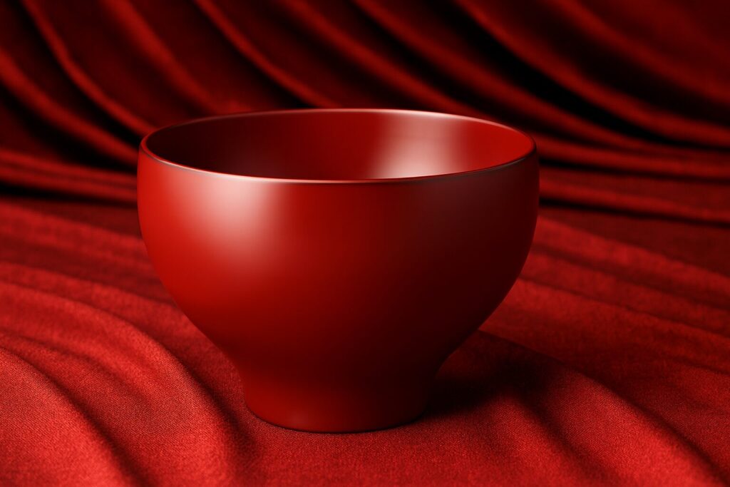 Minimalist vermilion lacquer Japanese bowl displayed on flowing red fabric background