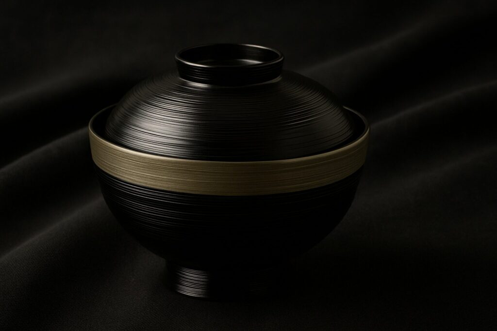 Textured black lacquer Japanese soup bowl with metallic gold band, displayed on a black fabric background
