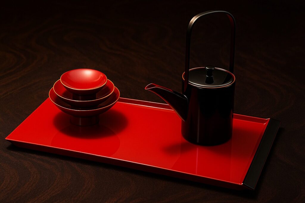 Minimalist Japanese sake set with stacked red lacquer cups and black sake pot on a glossy red rectangular serving tray