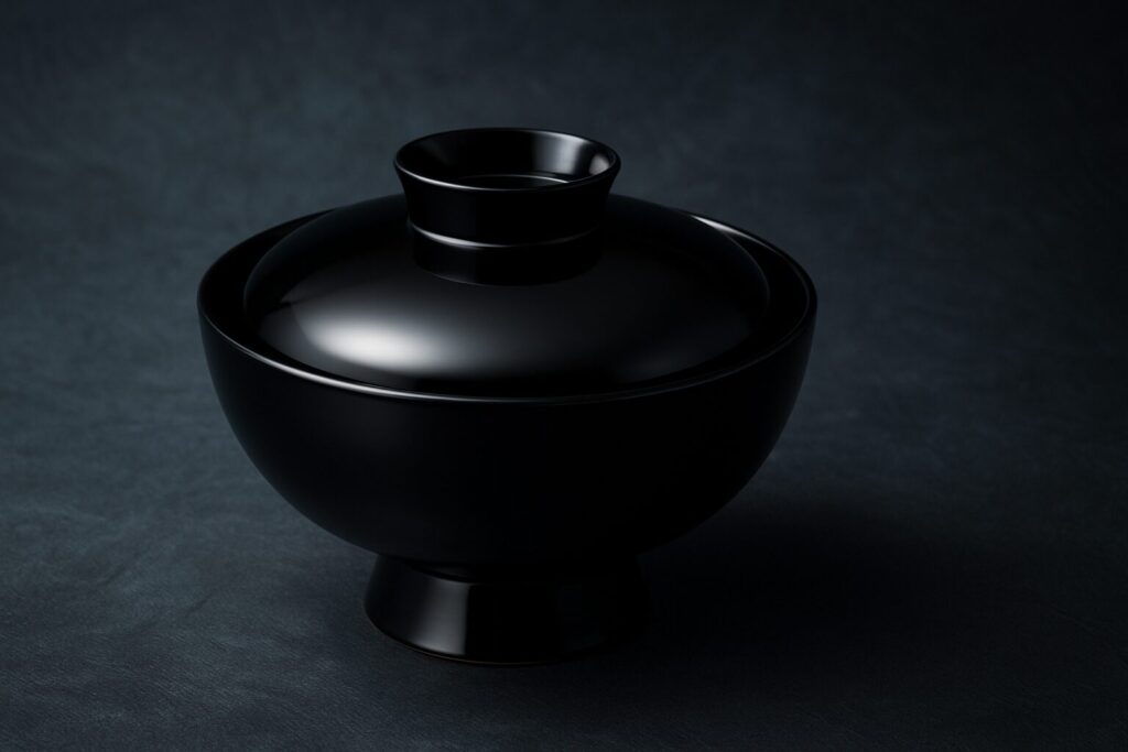 Minimalist black lacquer Japanese soup bowl with lid, presented on a dark textured background