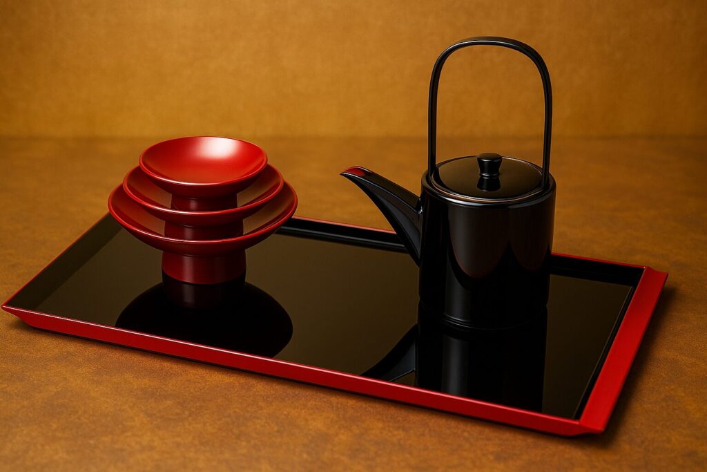Traditional Japanese black lacquerware sake set with red lacquered sake cups on a glossy red-edged tray, placed against a warm brown background