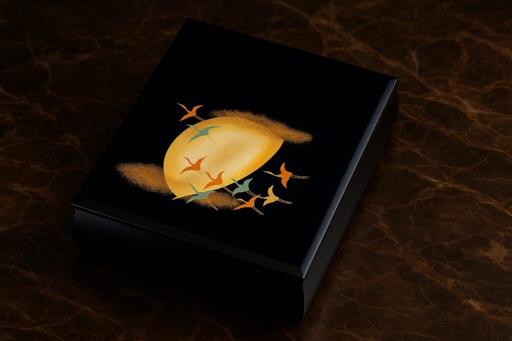 Black lacquer box with golden moon and colorful flying crane design on a dark marbled surface